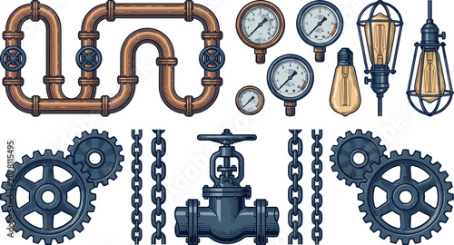 Fotografía Steampunk Industrial Design Element Set Featuring Vintage Copper Pipes Pressure