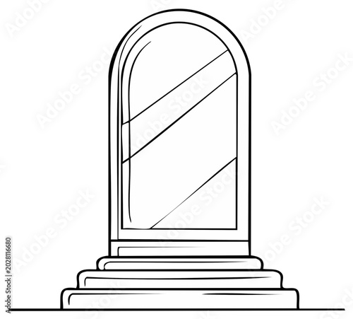 Elegant arched doorway with reflective surface on a pedestal, artistic line drawing