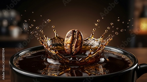 Biji Kopi Jatuh ke Cangkir, Percikan Cairan Emas Kopi Panas, Menikmati Aroma Kopi