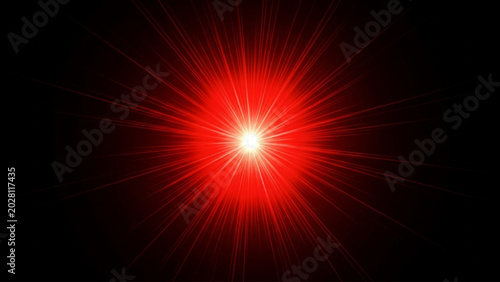 Intense red starburst light flare with sharp rays isolated on black background for cinematic lighting effects and professional graphic design composite elements or artistic overlays.