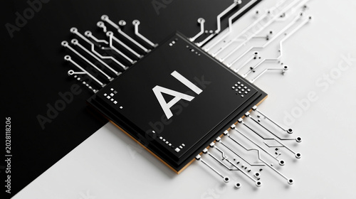 AI Chip: A close-up shot of a sophisticated AI chip, showcasing its intricate circuitry and the prominent 'AI' marking, representing the forefront of technological advancement.