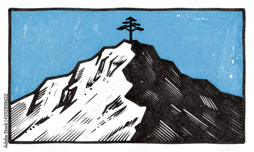 mountain peak rises background blue sky single tree perched atop rugged outcropping stolby krasnoyarsk