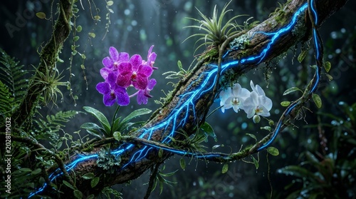 Bioluminescent orchid flower concept in the middle of a dark forest