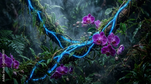 Bioluminescent orchid flower concept in the middle of a dark forest