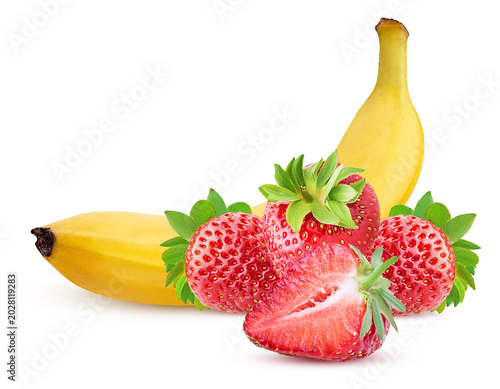 Bunch of bananas and three strawberry one cut in half