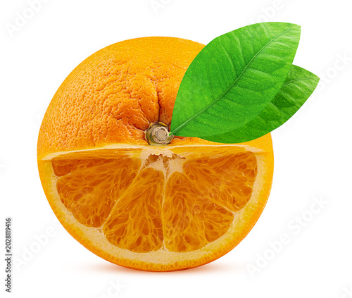 Orange fruit quarter with green leaf
