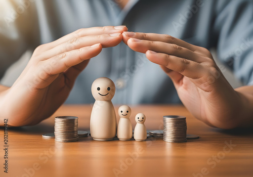 Hands protecting wooden family figures with coins, representing family insurance