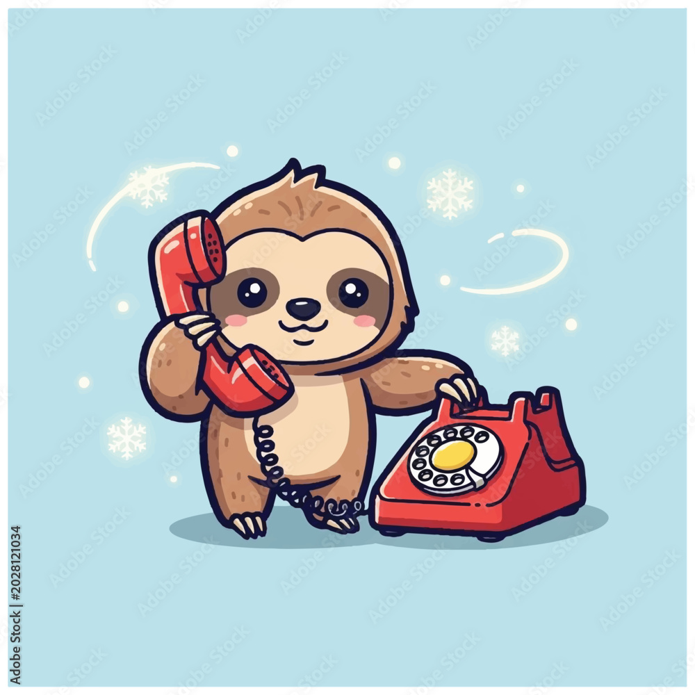Fototapeta premium Sloth holding red rotary phone.