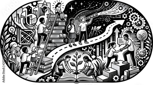 a black and white illustration of people in a circle