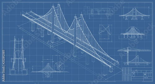 Tableau sur toile Detailed Blueprint of a Suspension Bridge Design and Architectural Plans