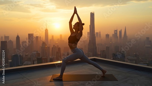Young woman practicing yoga on rooftop during sunrise above futuristic megacity skyline, cinematic golden light, realistic athletic body details, atmospheric morning fog