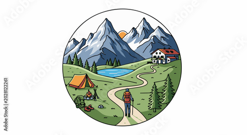 A hiker walks a path towards a mountain lodge, with a tent, campfire, and lake nearby