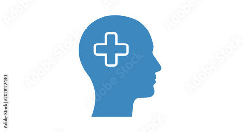 Minimalist blue human head profile with medical cross symbol