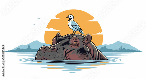 A hippopotamus in water with a bird on its head at sunset with mountains