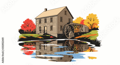 A historic watermill stands by a reflective pond surrounded by autumnal trees