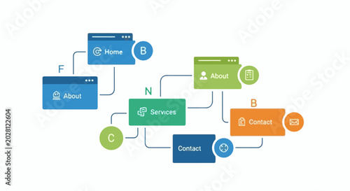 A flowchart illustrating website navigation with interconnected pages and icons