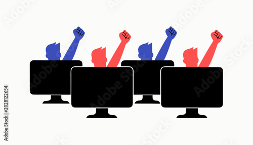 Digital abstract illustration of four monitors with raised fists  