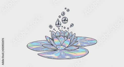 A holographic water lily blooms, releasing shimmering, iridescent bubbles into the air