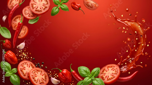 Spicy Hot Sauce Background with Fresh Chili Peppers, Tomatoes and Basil