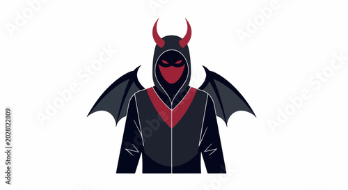 A hooded figure with red horns, a mask, and bat-like wings, rendered in a flat, graphic style