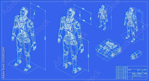 Detailed Blueprint of Robotic Humanoid Figures and Mechanical Components.