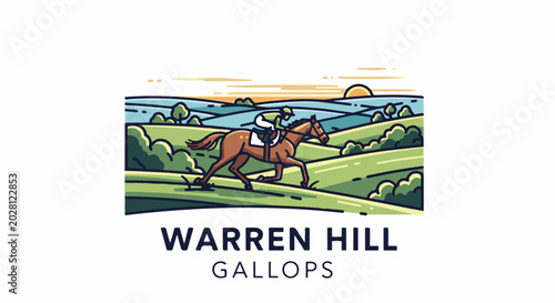 A horse and jockey race across rolling green hills under a warm, stylized sunset