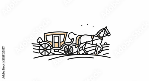 A horse pulls a carriage with a stylized design, moving along a path