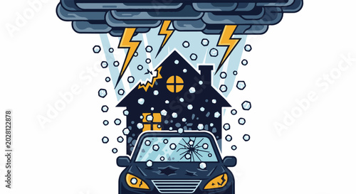 A house and car are battered by a severe storm with lightning, hail, and heavy rain