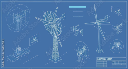Quadro su tela Detailed Blueprint of Wind Turbine Designs and Renewable Energy Concepts