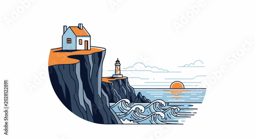 A house and lighthouse perch on a cliff above crashing waves under a setting sun