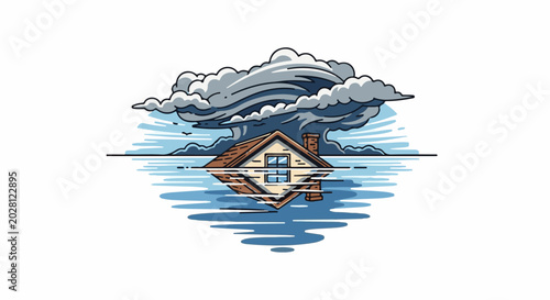 A house is partially submerged in water with a stormy cloud formation overhead