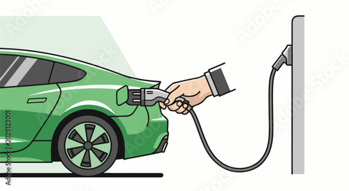 A hand plugs a charger into a green electric vehicle at a charging station
