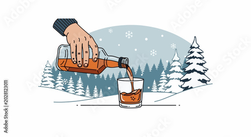A hand pours amber liquid from a bottle into a glass, with snow falling on evergreen trees