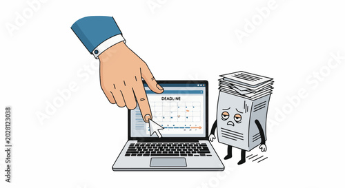 A hand points to a calendar on a laptop screen next to a sad stack of papers