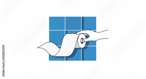A hand pulls a roll of toilet paper against a tiled blue wall background
