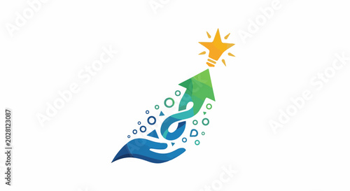 A hand supports an upward, green arrow and an orange lightbulb with rays