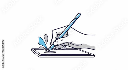 A hand uses a stylus on a digital tablet, creating splashes of color