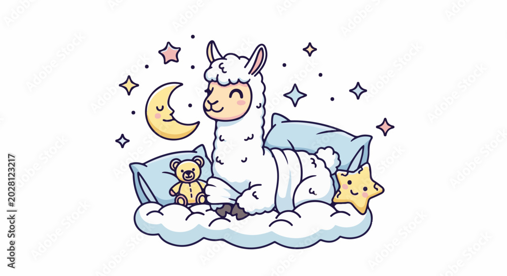Fototapeta premium A fluffy llama naps on clouds with a teddy bear, moon, and stars