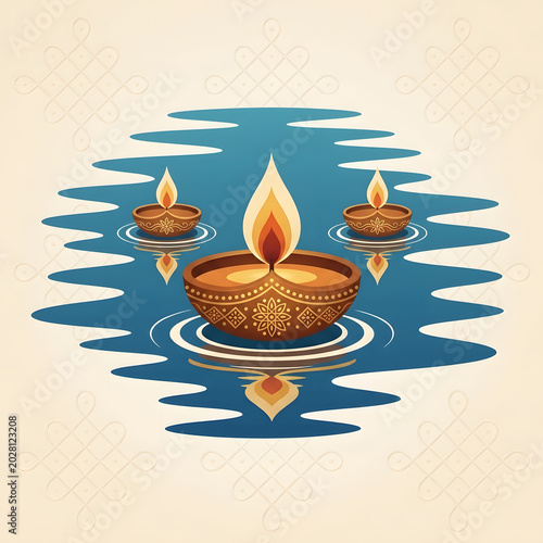 Traditional Diwali Oil Lamps Floating on Water Vector Illustration