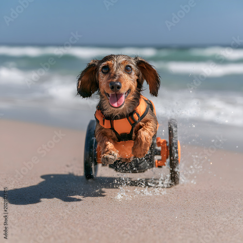 Dog enjoys running on the beach in a wheelchair during a sunny day with waves in the background and sand scattered around