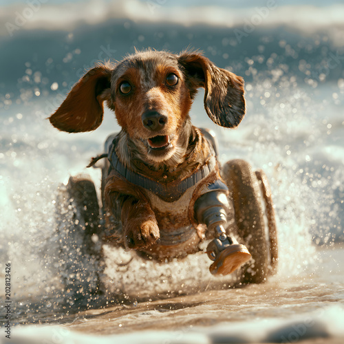 Dachshund runs with wheelchair on wet sand during sunny afternoon