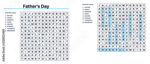 Father's Day word search puzzle with highlighted solutions  
