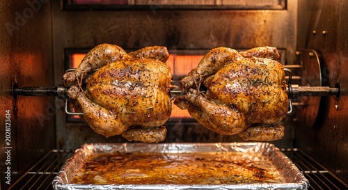 Golden roasted chicken on rotisserie grill, juicy gourmet dinner food background