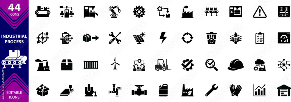 Obraz premium Industrial process icons set with 44 editable symbols for manufacturing engineering and construction