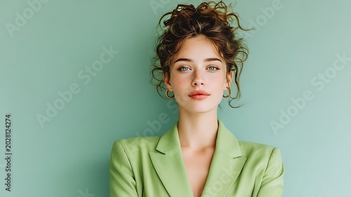 Young woman with curly hair in a light green blazer