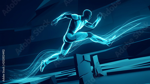 a man running through a tunnel of blue light