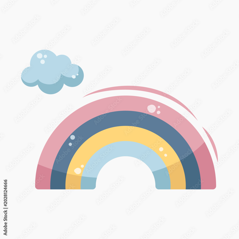 Fototapeta premium Cute pastel rainbow with glossy highlights and soft cloud in kawaii style. Part of nursery collection. Perfect for baby design, kids decor, prints, invitations, stickers, and branding. Isolated on whi