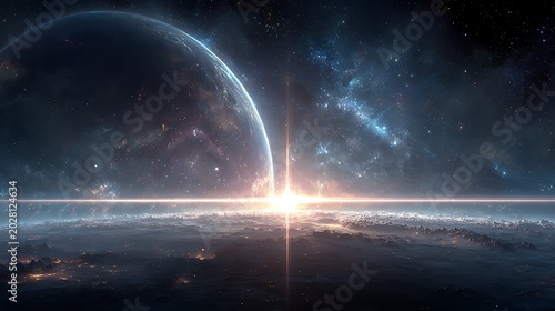 Sunrise over planet earth with galaxy and stars in space