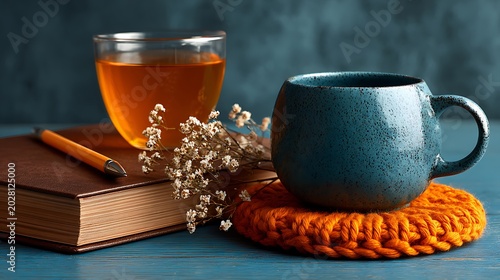 Still life with mug, honey, book, dried flowers and orange yarn on a green background