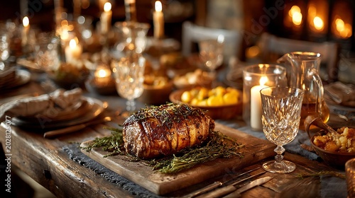 Roasted meat on a wooden table with candles and a crystal glass, festive dinner setting